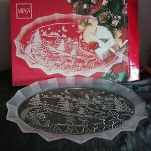 -Mikasa christmas frosted holiday classics oval glass dish platter